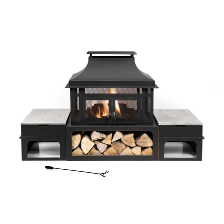DEKO LIVING 80 Inch Rectangular Outdoor Steel Wood Burning Fireplace w/ Log Storage, Side Tables COB10504